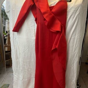 New York & Company Red Asymmetrical Ruffled One Shoulder Gown. Size Medium